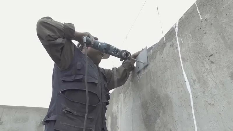 Operario trabajando sobre un muro de hormigón